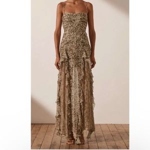 NWT Shona Joy Claudette Ruched Frill Maxi Dress - Olive and Cream